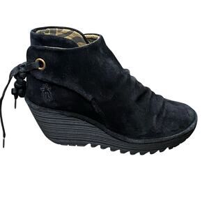 Fly London Yebi Wedge Ankle Booties Sz 38 EU 7.5-8 US Black Suede